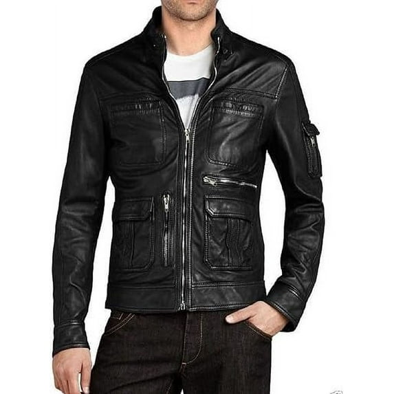 Mens Leather Jacket Slim Fit Biker Motorcycle Genuine Black Lambskin Jacket Coat A762