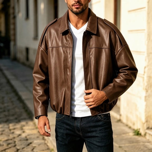Mens Leather Jacket Vintage Full Zip Collared Long Sleeve Bomber Jackets Fall Casual Motorcycle Jacket ,S