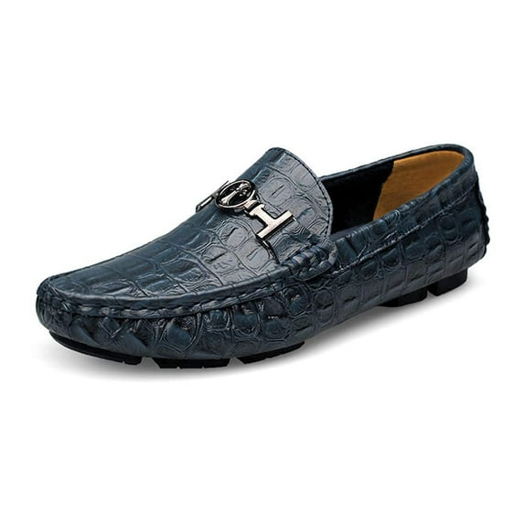 Mens Leather Loafers Slip-Ons Casual Driving Flat Walking Moccasin Business Boat Shoes Fashion Slipper Wedding 7 Blue