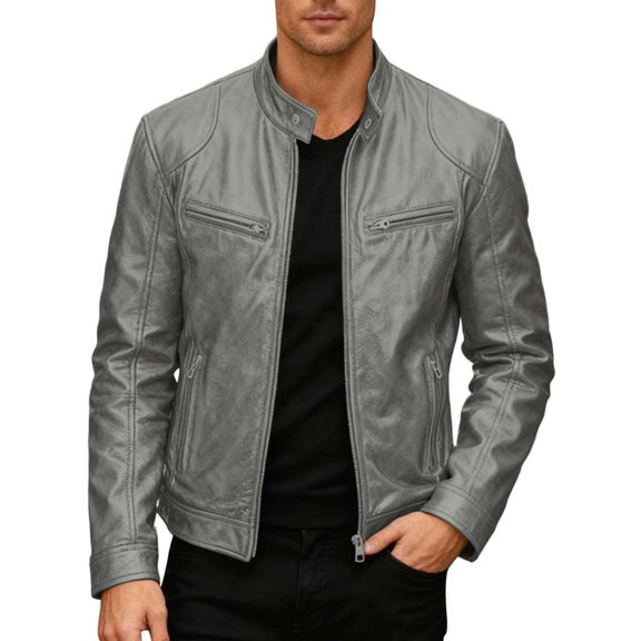 Mens Leather Motorcycle Jacket Stand Collar Punk Style Outerwear Coat Casual Riding Protective Gear Dark Gray Size M