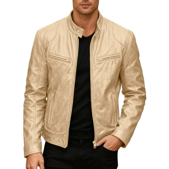 Mens Leather Motorcycle Jacket Stand Collar Punk Style Outerwear Coat Casual Riding Protective Gear Gold Size S