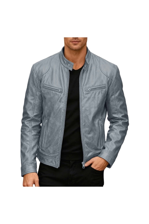 Mens Leather Motorcycle Jacket Stand Collar Punk Style Outerwear Coat Casual Riding Protective Gear Grey Size M