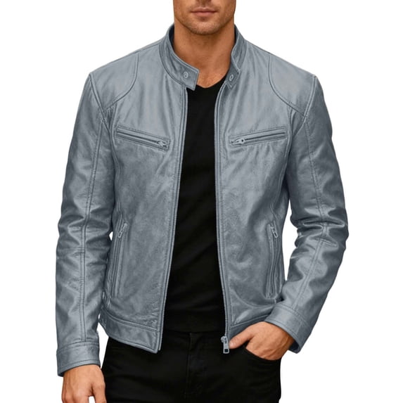 Mens Leather Motorcycle Jacket Stand Collar Punk Style Outerwear Coat Casual Riding Protective Gear Grey Size M