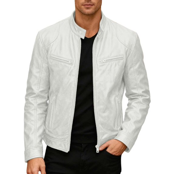 Mens Leather Motorcycle Jacket Stand Collar Punk Style Outerwear Coat Casual Riding Protective Gear White Size M