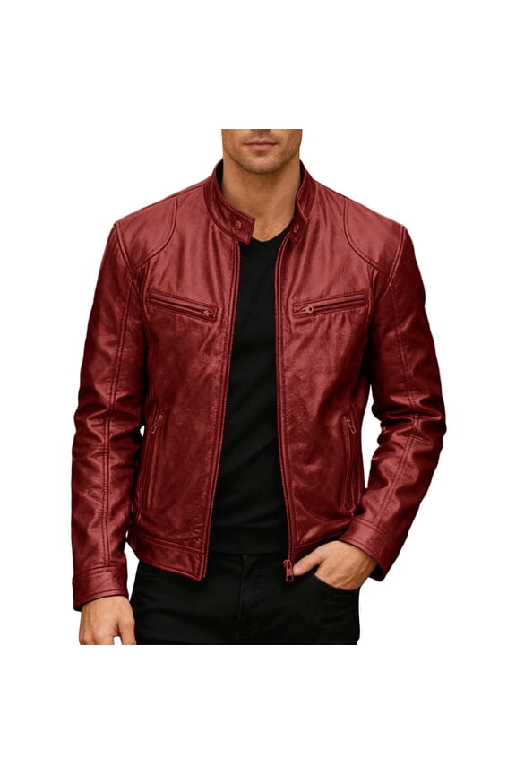 Mens Leather Motorcycle Jacket Stand Collar Punk Style Outerwear Coat Casual Riding Protective Gear Size S