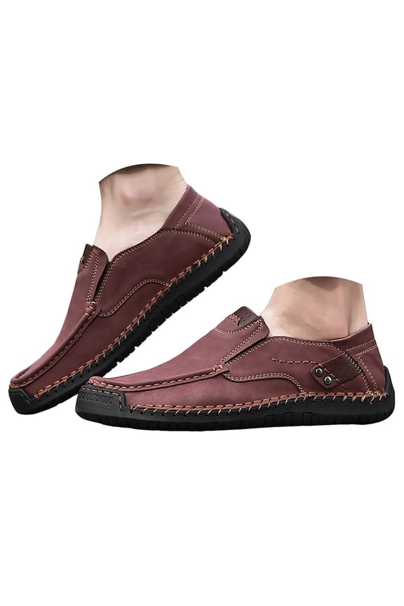Mens Leather Penny Loafers Slip On Driving Shoes Lightweight Comfort Flat Casual Business Shoes Retro Suede Hand Sewn Breathable Soft Sole（Red，Size 7)