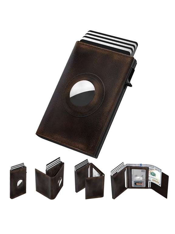 Mens Leather Rfid Blocking Minimalist Slim Wallet For Airtag - Automatic Pop-up Card Holder Id Window Slot Carbon Fiber
