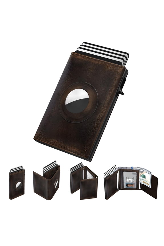 Mens Leather Rfid Blocking Minimalist Slim Wallet For Airtag - Automatic Pop-up Card Holder Id Window Slot Carbon Fiber