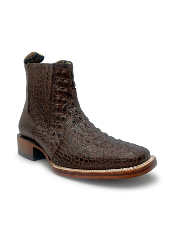 Men's Leather Square Toe Slip on Crocodile Boots