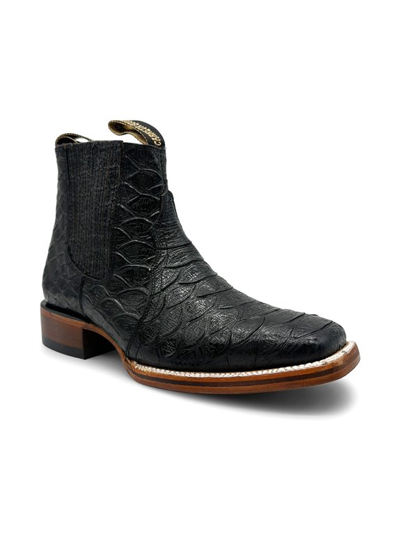 Mens Python Print Embossed Short Ankle Cowboy Leather Boot