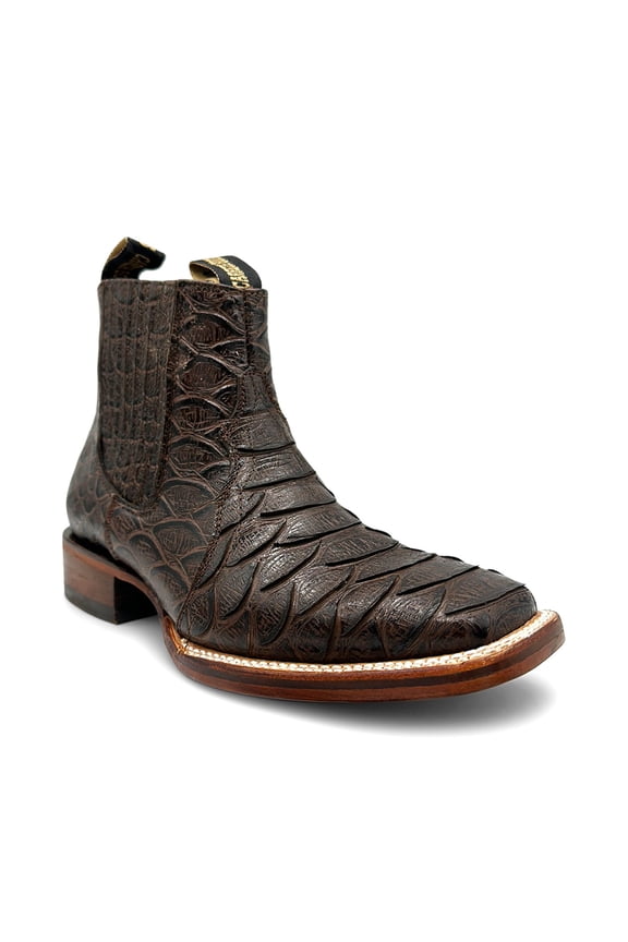 Mens Leather Short Ankle Embossed Python Print Cowboy Boot