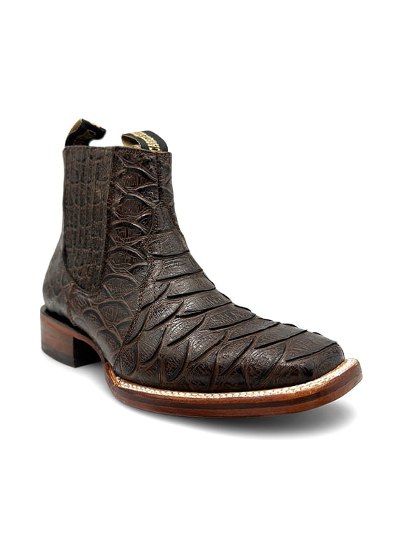 Mens Python Print Embossed Short Ankle Cowboy Leather Boot