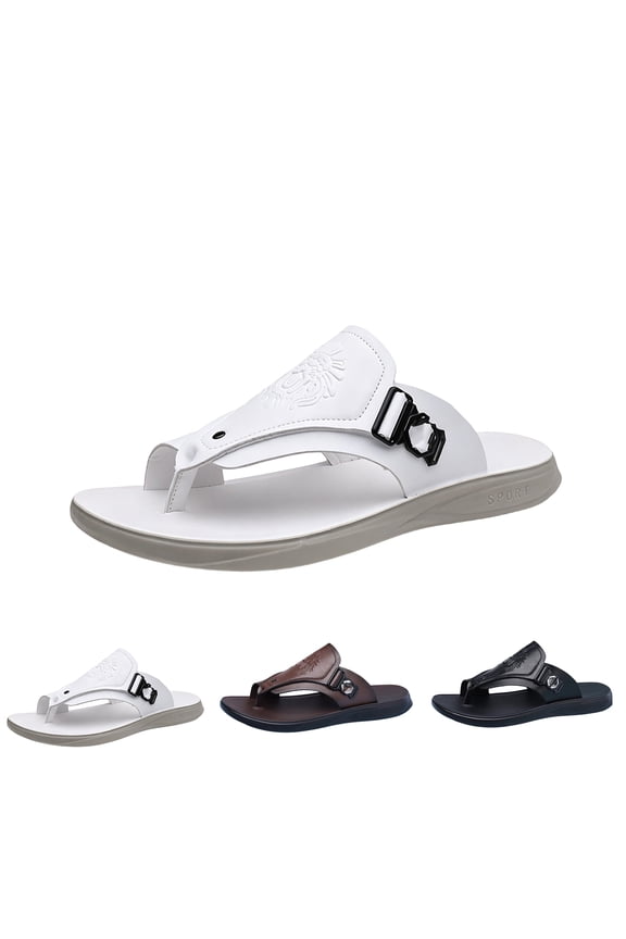 Mens Leather Slip On Flat Sandals Comfort Open Round Toe Non Slip Toe Clip Summer Slipper With Arch Support Casual Daily Walking Beach Flip Flops,43