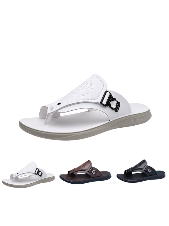 Mens Leather Slip On Flat Sandals Comfort Open Round Toe Non Slip Toe Clip Summer Slipper With Arch Support Casual Daily Walking Beach Flip Flops, 43