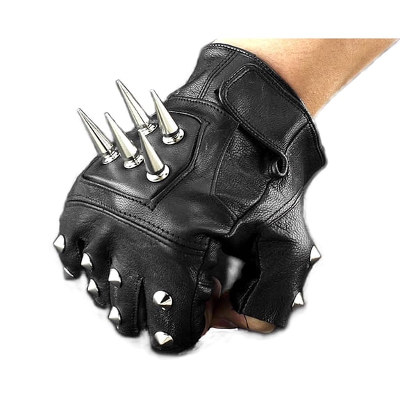 Mens Leather Spike stud Punk Rocker Driving Motorcycle Biker Fingerless Gloves