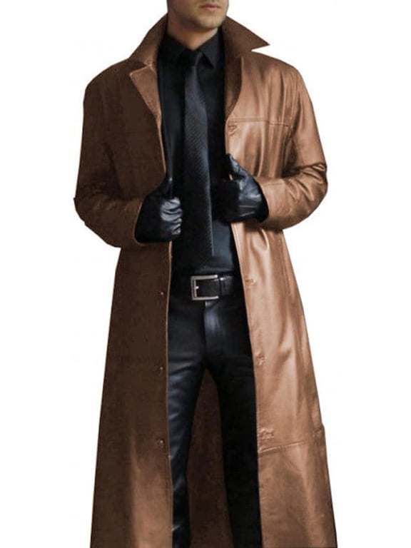 Mens Leather Trench Coat Classic Faux Leather Long Coat Retro Leather Jacket Long Steampunk Overcoat