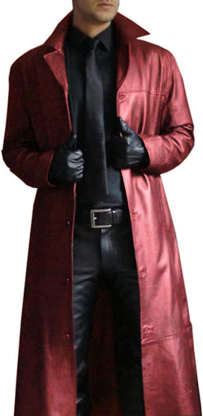 Mens Leather Trench Coat Full Length Black Classic Faux Leather Long Coat Retro Black Leather Jacket Long Steampunk Overcoat