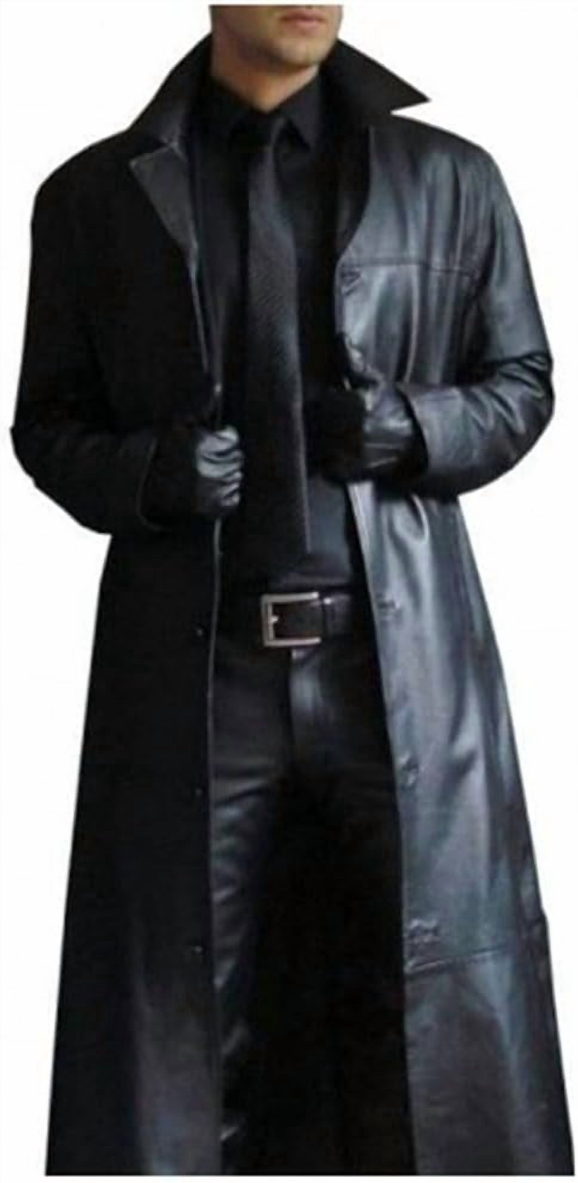 Mens Leather Trench Coat Full Length Black Classic Faux Leather Long Coat Retro Black Leather Jacket Long Steampunk Overcoat