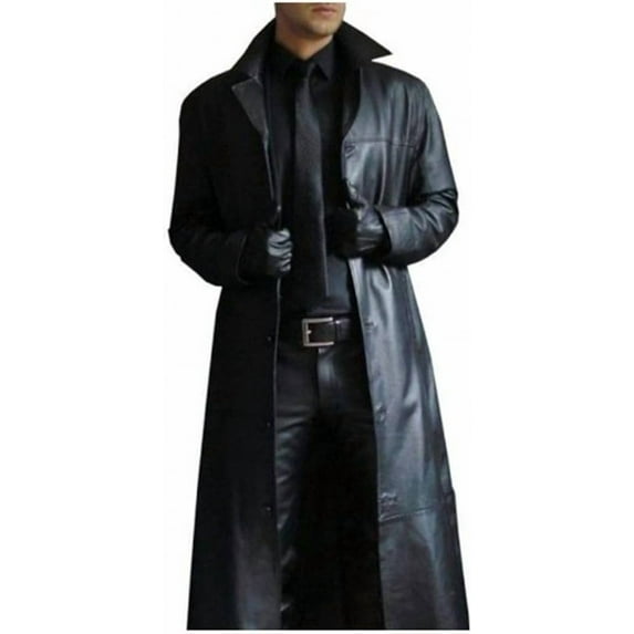 Mens Leather Trench Coat Full Length Black Classic Faux Leather Long Coat Retro Black Leather Jacket Long Steampunk Overcoat