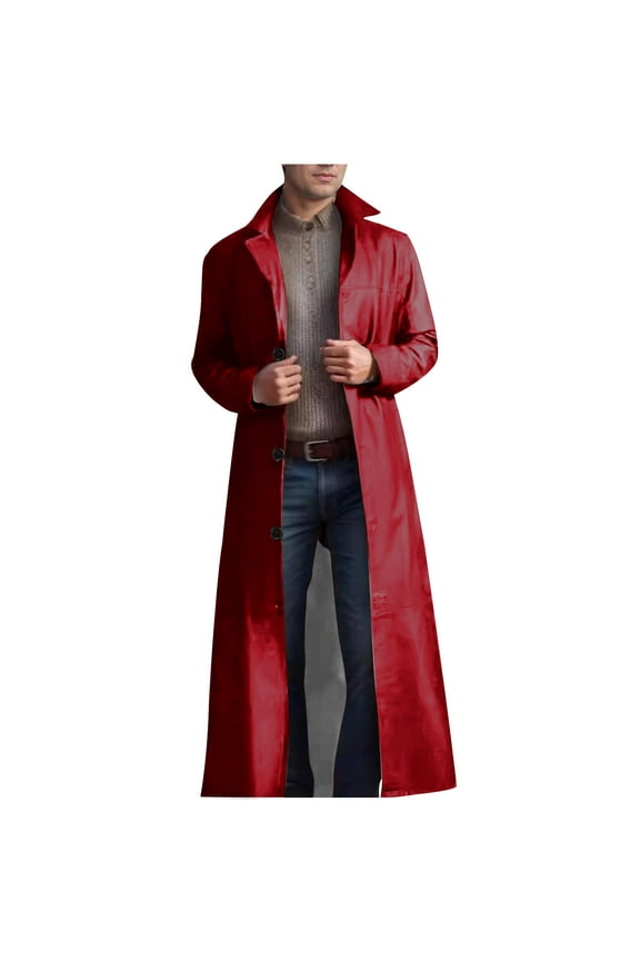 Mens Leather Trench Coat Full Length Vintage Classic Faux Leather Uniform Long Jacket Steampunk Gothic Overcoat