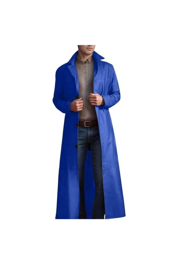 Mens Leather Trench Coat Full Length Vintage Classic Faux Leather Uniform Long Jacket Steampunk Gothic Overcoat