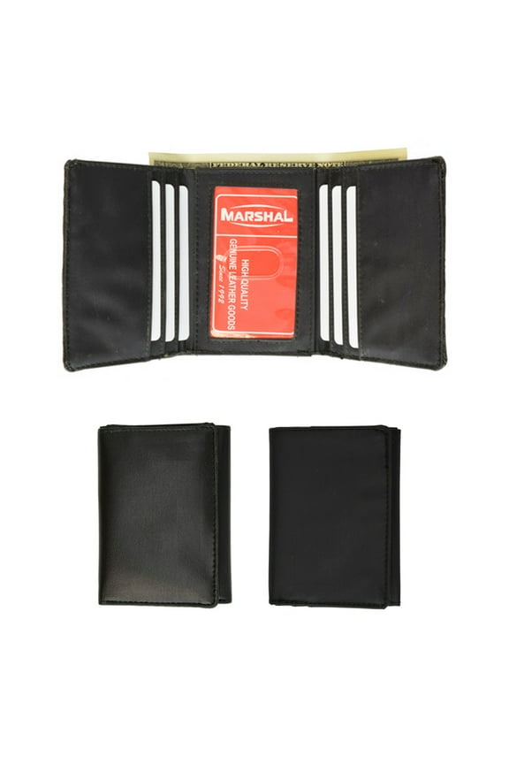 Mens Leather Trifold Wallet Thin Window Clear Pocket Bills Slots Card Case Black