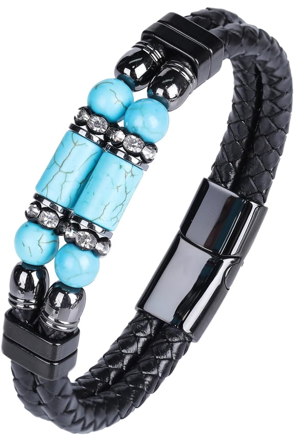 Mens Leather Turquoise/Tiger Eye/Obsidian/Lava Stone Bracelet–Braided Multi‑Layer Wristband Cuff Bangle Barcelet–Jewelry Box and Pouch Packing