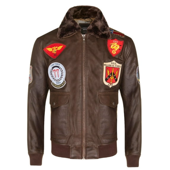 Mens Leather US Aviator Bomber Jacket - Crook in Brown