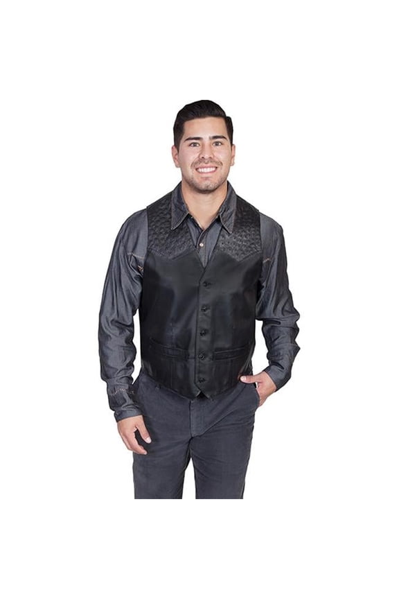 Mens Leather Vest With Ostrich Trim- Black Lamb With Black Ostrich Trim - 40