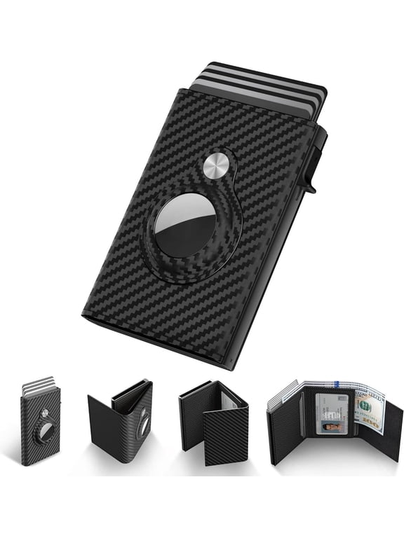 Mens Leather Wallet Card Holder for AirTag: Smart Wallet for Men Compatible with Apple Air Tag, RFID Blocking, Slim, Carbon Fiber, Minimalist - Cash Slot ,Credit Cards Holder