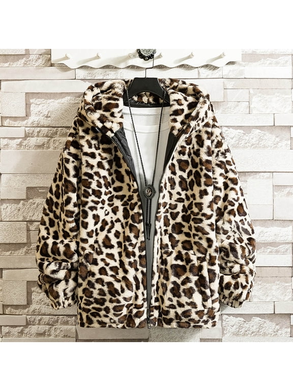 Mens Leopard Print Hooded Puffer Jacket Long Sleeve Zip Up Winter Coat Loose Warm Fleece Lined Outerwear for Cold Weather