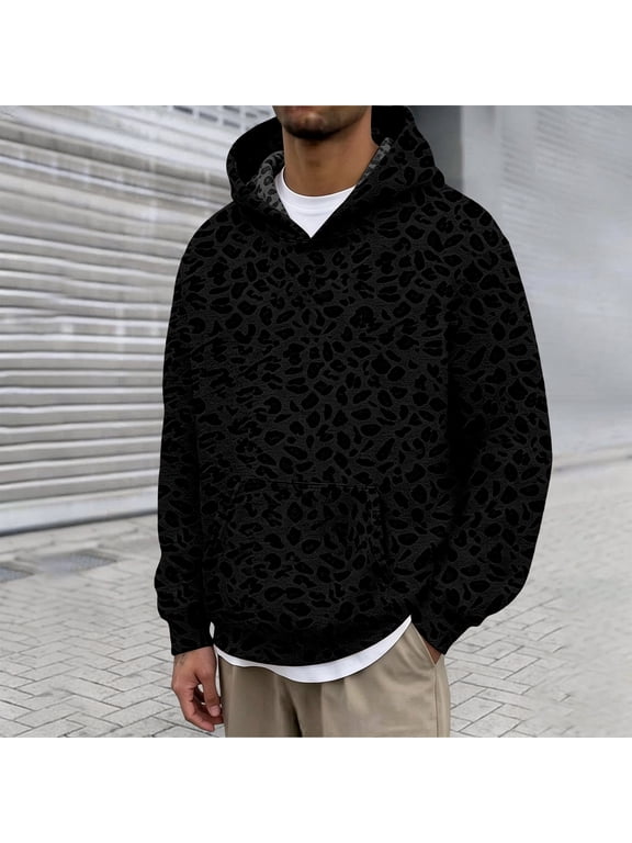 Mens Leopard Print Hoodie Long Sleeve Sweatshirts Drawstring Hood Cheetah Print Kangaroo Pocket Ribbed Pullover Top Black L