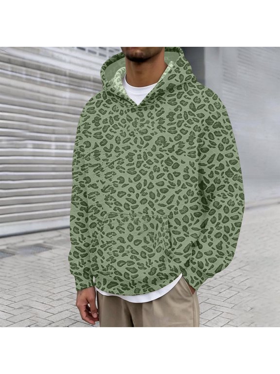 Mens Leopard Print Hoodie Long Sleeve Sweatshirts Drawstring Hood Cheetah Print Kangaroo Pocket Ribbed Pullover Top Green XL