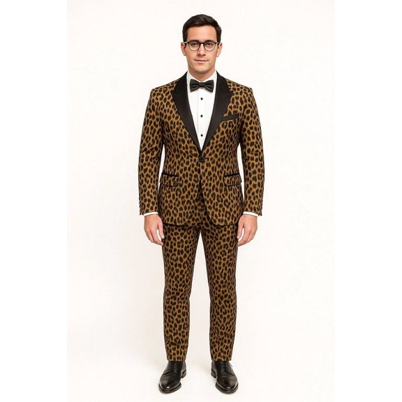 Mens Leopard Print Tuxedo Slim fit with Black Satin Lapel and Bow Tie – Bold Animal Print Formal Suit