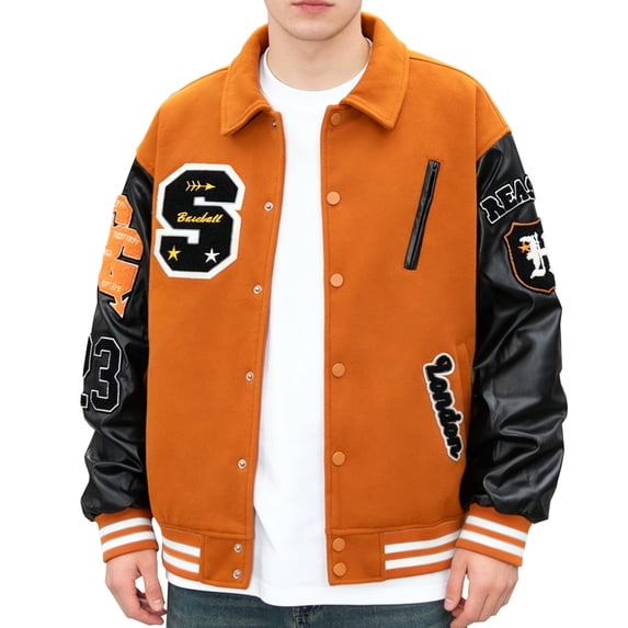 RAOENJADO Mens Letterman Bomber Jacket Varsity Baseball Coat Vintage Streetwear with PU Sleeves Orange Red XL