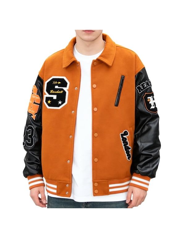 Mens Letterman Bomber Jacket Varsity Baseball Coat Vintage Streetwear with PU Sleeves Orange Red XL