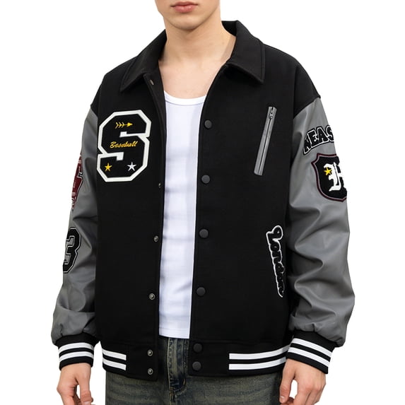 RAOENJADO Mens Letterman Bomber Jacket Varsity Baseball Coat Vintage Streetwear with PU Sleeves