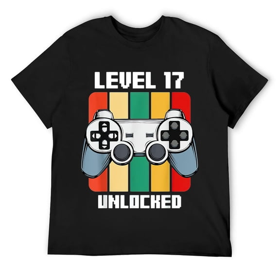Mens Level 17 Unlocked Teenager 17th Birthday Gift Video Gamer T-Shirt Black