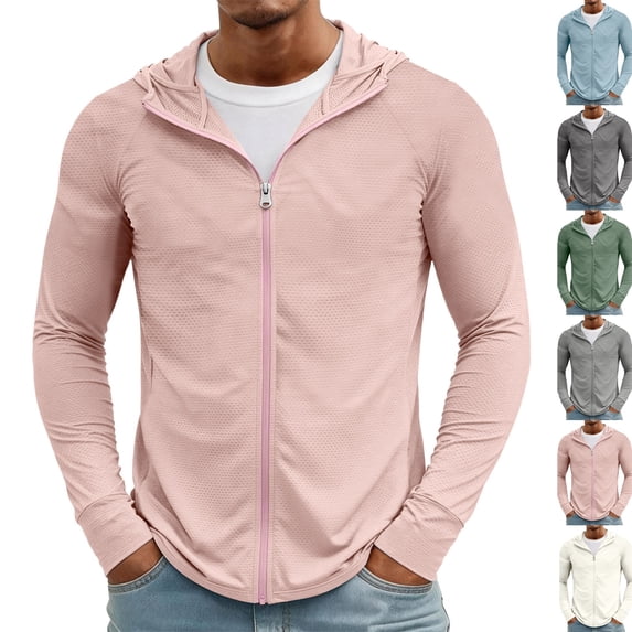 Mens Light Jackets Sun Protection Lightweight Full Zip Hoodie Jacket Mesh Cooling Long Sleeve Fishing Hiking Shirt,S,Pink