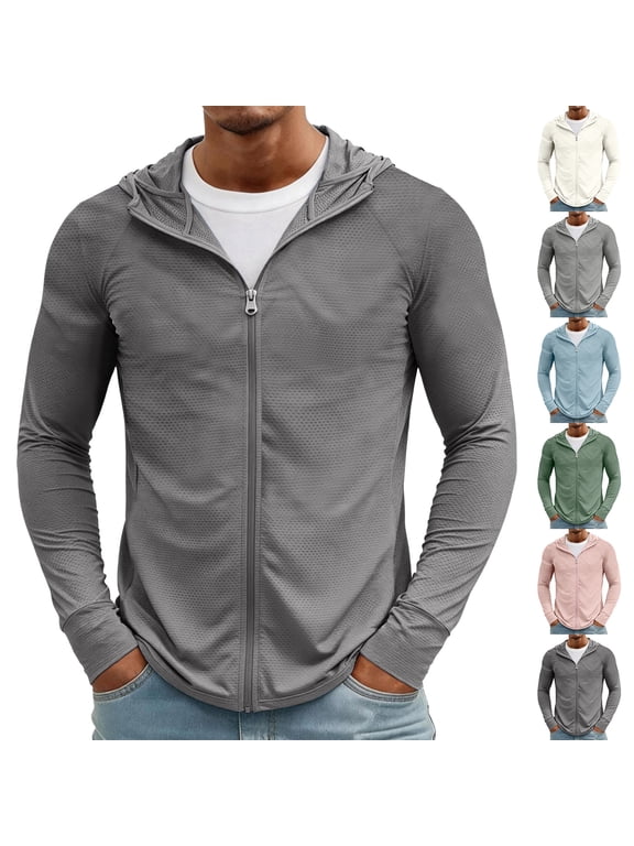 Mens Light Jackets Sun Protection Lightweight Full Zip Hoodie Jacket Mesh Cooling Long Sleeve Fishing Hiking Shirt, S