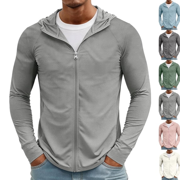 Mens Light Jackets Sun Protection Lightweight Full Zip Hoodie Jacket Mesh Cooling Long Sleeve Fishing Hiking Shirt,XL,Light Gray