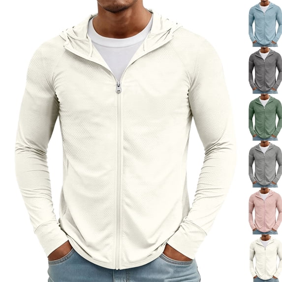 Mens Light Jackets Sun Protection Lightweight Full Zip Hoodie Jacket Mesh Cooling Long Sleeve Fishing Hiking Shirt,XXL,White