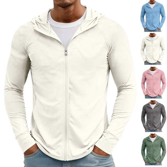 Mens Light Jackets Sun Protection Lightweight Full Zip Hoodie Jacket Mesh Cooling Long Sleeve Fishing Hiking Shirt