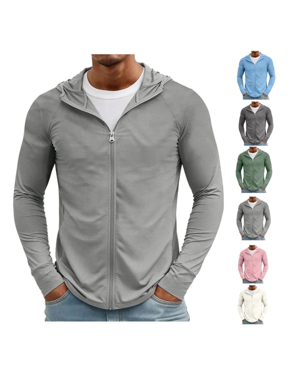 Mens Light Jackets Sun Protection Lightweight Full Zip Hoodie Jacket Mesh Cooling Long Sleeve Fishing Hiking Shirt