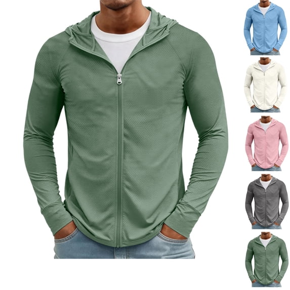 Mens Light Jackets Sun Protection Lightweight Full Zip Hoodie Jacket Mesh Cooling Long Sleeve Fishing Hiking Shirt