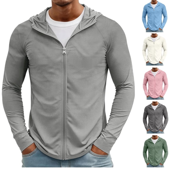 Mens Light Jackets Sun Protection Lightweight Full Zip Hoodie Jacket Mesh Cooling Long Sleeve Fishing Hiking Shirt