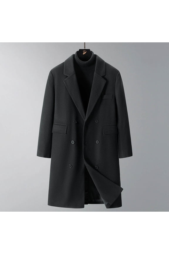 Mens Light Weight Coat Men's Casual Trench Coat Loose Fitting Notched Collar Long Jacket Overcoat Double Breasted Business Dressy Coat With Pockets Black L