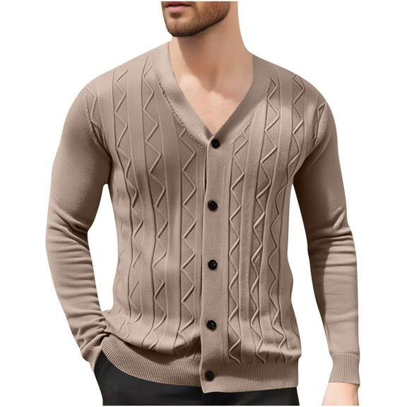 Mens Light Weight Sweater Cable Knit Button down Cardigan Sweaters Long Sleeve Acrylic V Neck Tops Outerwear L, Coffee