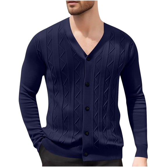 Mens Light Weight Sweater Cable Knit Button down Cardigan Sweaters Long Sleeve Acrylic V Neck Tops Outerwear L, Navy