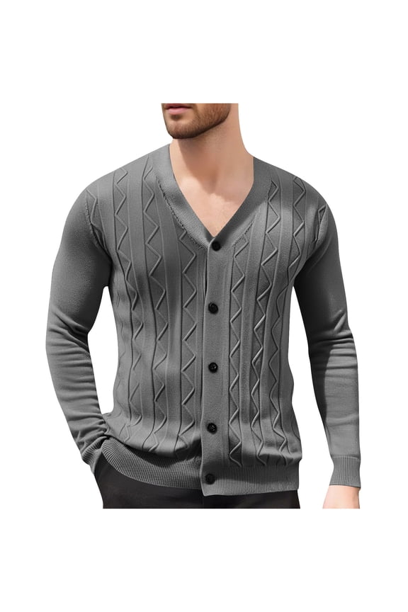 Mens Light Weight Sweater Cable Knit Button down Cardigan Sweaters Long Sleeve Acrylic V Neck Tops Outerwear S, Dark Gray